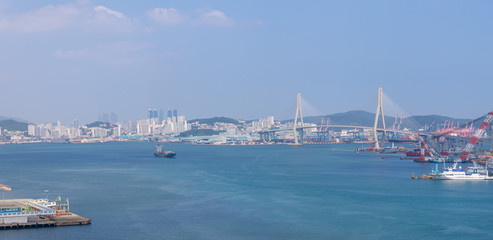 Busan Harbor Bridge and the Port of Busan in Korea