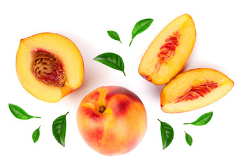 ripe nectarine with leaves isolated on white background. Top view. Flat lay pattern