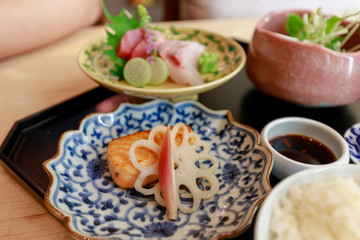 Fototapeta na wymiar Salmon and Sashimi, Japanese seafood