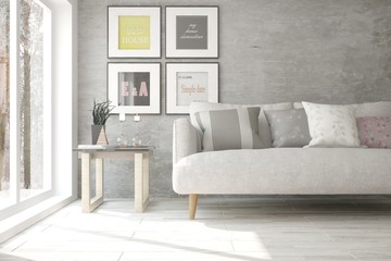 Idea of white minimalist room with sofa. Scandinavian interior design. 3D illustration