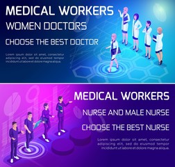 Isometry is a vivid concept of the use of types of medical workers, doctors, surgeons, nurse, colorfully designed advertising banners