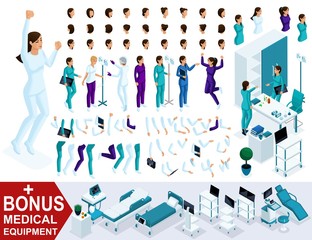 Fototapeta na wymiar Isometrics create your nurse character, Set of hands, feet, gestures, emotions and characters with different poses. Bonus medical equipment
