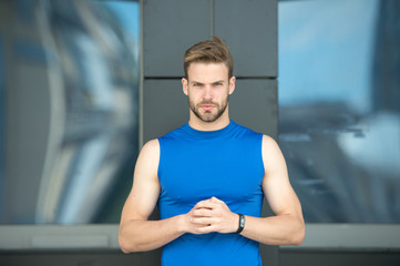 Feeling ready to start. Guy bearded attractive appearance holds hands nervous gesture. Man hipster...