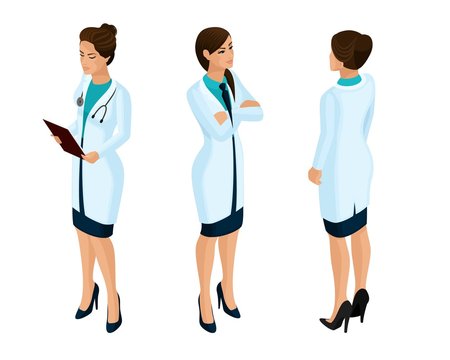 Isometrics of a woman medical workers, a doctor, a surgeon, a nurse, beautiful in medical gowns during work