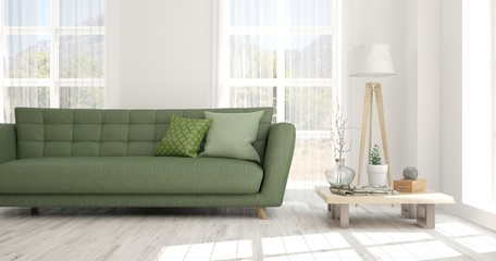 Idea of white minimalist room with sofa. Scandinavian interior design. 3D illustration