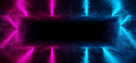 Sci-Fi Futuristic Abstract Gradient Blue Purple Pink Neon Glowing Tubes Reflection In Grunge Concrete Room Dark Interior Empty Space Spaceship 3D Rendering