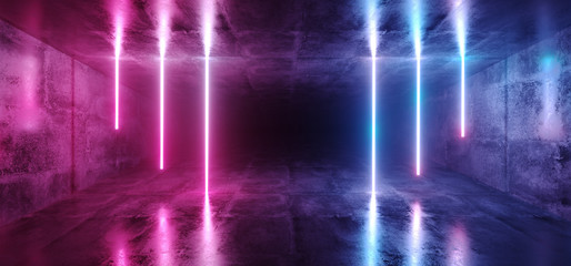 Sci-Fi Futuristic Abstract Gradient Blue Purple Pink Neon Glowing Tubes On Reflection Concrete Floor Dark Interior Room Empty Space Spaceship 3D Rendering