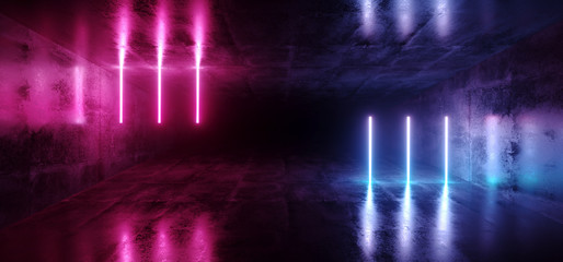 Sci-Fi Futuristic Abstract Gradient Blue Purple Pink Neon Glowing Tubes On Reflection Concrete Floor Dark Interior Room Empty Space Spaceship 3D Rendering