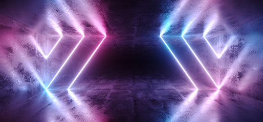 Sci-Fi Futuristic Abstract Gradient Blue Purple Pink Neon Glowing Tubes On Reflection Concrete Floor Dark Interior Room Empty Space Spaceship 3D Rendering