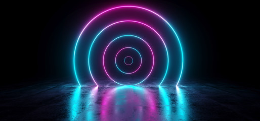 Sci-Fi Futuristic Abstract Gradient Blue Purple Pink Neon Glowing Circle Round Shape Tubes On Reflection Concrete Floor Dark Interior Room Empty Space Spaceship 3D Rendering