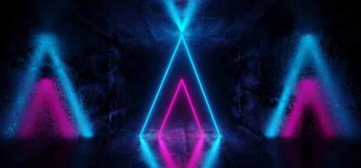 Sci-Fi Futuristic Abstract Gradient Blue Purple Pink Neon Glowing Triangle Shaped Tubes On Reflection Grunge Concrete Room Walls Dark Interior Empty Space Spaceship 3D Rendering