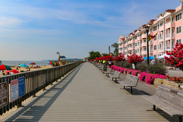 North Beach Maryland Boardwalk with annuals in Full Bloom