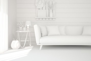 White room with sofa. Scandinavian interior design. 3D illustration