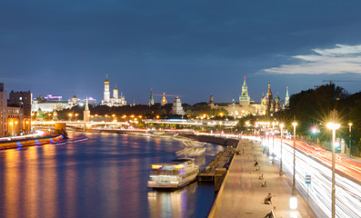 Moscow Kremlin, Kremlin Embankment and Moscow River at night in Moscow, Russia