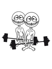 team 2 freunde paar training gewicht heben bodybuilder fitness stark schlapp schwach dünn kreis rund lustig süß neidlich mund fresse grinsen monster böse gesicht comic cartoon clipart