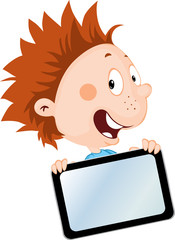 cheerful little boy with tablet - vector illustration
