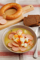 Dutch soup with Rookworst sausages
