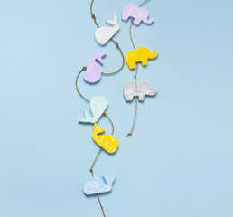 Multi-colored childrens wooden toys in the form of elephants and whales. Organic Natural Toys for Children and Babies, handmade toy. 