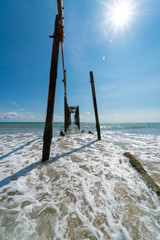 Old wooden bridge clear blue sky seascape beach