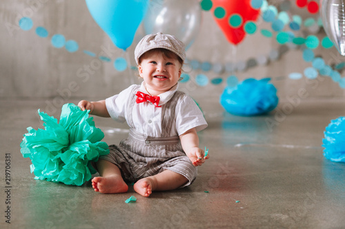 Happy Baby Boy Celebrating First Birthday Kids Birthday Party