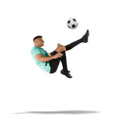 soccer player kicking the ball in the air isolated on white