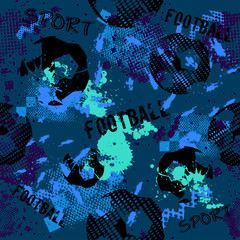 Obraz premium Abstract seamless football pattern for boys. Sport football pattern. Grunge sport urban backdrop with football ball. Sport wallpaper on black background with multicolor spots. Repeated pattern.