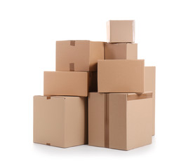 Cardboard boxes on white background. Moving day