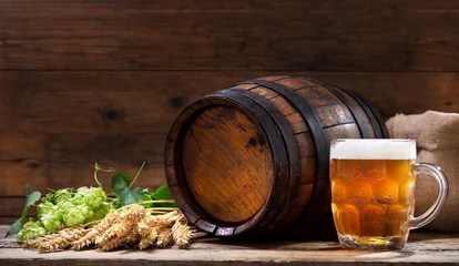 Gartenposter Krug Bier mit grünem Hopfen und Weizenähren © Nitr
