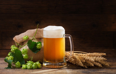 Mug of beer with green hops and wheat ears
