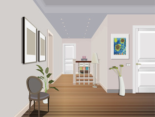 Vintage interior of the hallway with a staircase. Design of modern hallway. Symbol furniture, hallway illustration