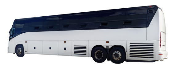 Isolated side view of white charter tour bus.
