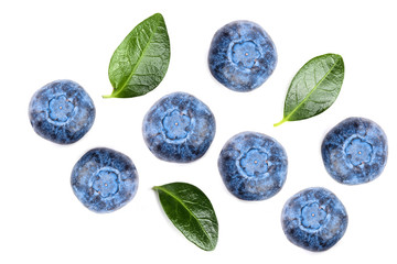 fresh ripe blueberry with leaf isolated on white background. Top view. Flat lay pattern