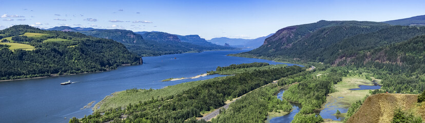 Panoramic overlook view of the Columbia River gorge from the Vista House, Oregon, USA.