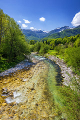 Fototapeta na wymiar Amazing river in the mountains, Mostnica Korita, Julian alps in Slovenia