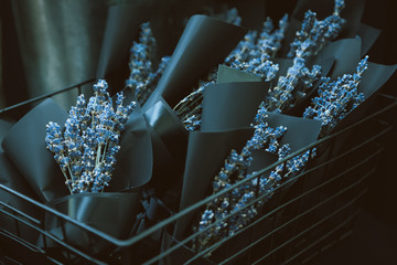 Lavender flowers for sale. Bouquets in metal basket