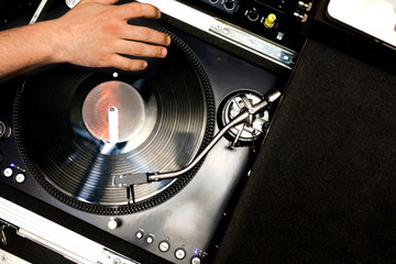 Close up shot vintage vinyl party dj audio equipment.Turntable High quality Sound mixing controller...