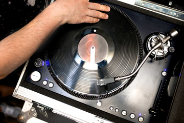 Close up shot vintage vinyl party dj audio equipment.Turntable High quality Sound mixing controller...