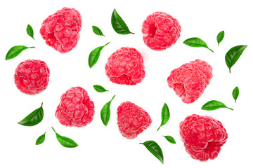raspberries with leaves isolated on white background. Top view. Flat lay pattern