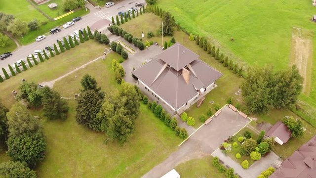 Aerial view of Ivan Franko Museum, Nahuievychi village, Ukraine. Ivan Franko was a prominent Ukrainian poet. Fly around technique