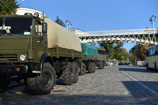 military passenger truck vehicles in city