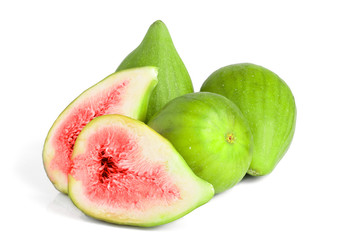 Ripe green fig fruit and half isolated on white background