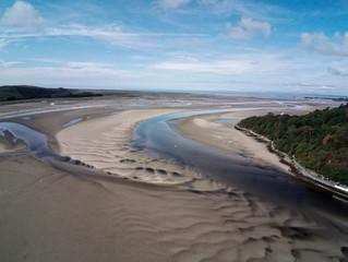 Aerial view, Drone panorama of cape in Portmeirion, Snowdonia mountains in Wales