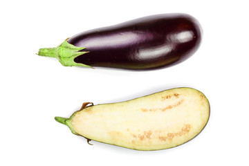 eggplant or aubergine and half isolated on white background. Top view. Flat lay pattern