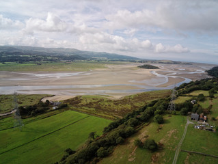 Aerial view, Drone panorama of Penrhyndeudraeth bay during low tide in Wales