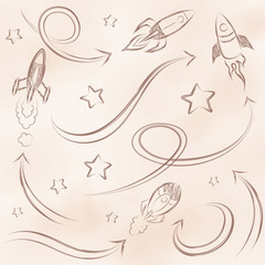 Vector illustration hand drawn pencil rocket, star and arrow