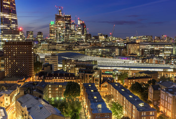 Fototapeta premium Aerial view of skyscrapers of the world famous bank district of central London