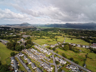 Aerial view, Drone panorama of Penrhyndeudraeth town in Snowdonia mountains in Wales