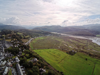 Aerial view, Drone panorama of Penrhyndeudraeth bay during low tide in Wales