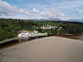 Aerial view, Drone panorama of famous tourist village Portmeirion in Snowdonia mountains in Wales