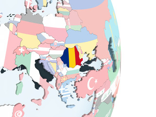 Romania with flag on globe